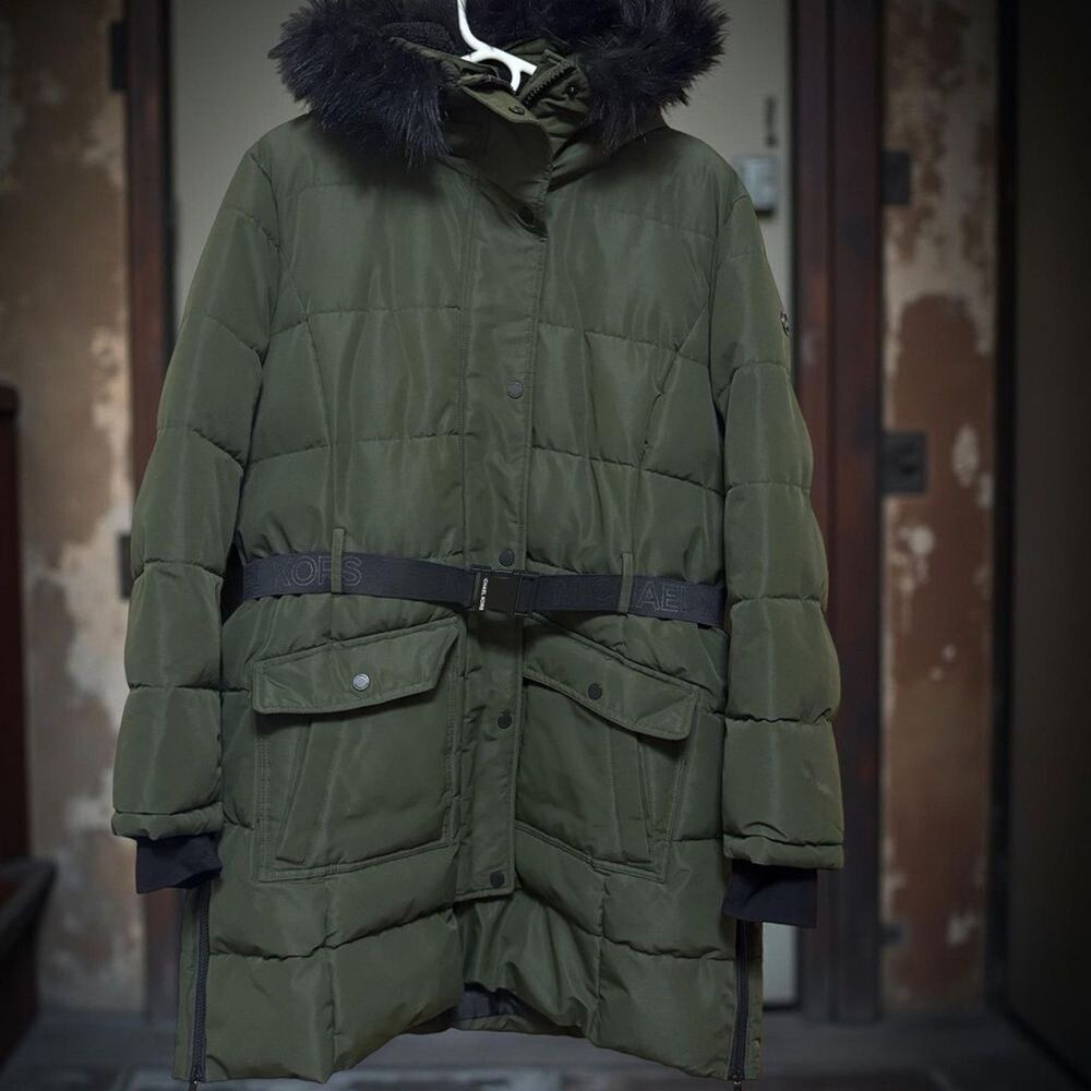 MICHAEL Michael Kors Olive Green Puffer Jacket Womens XL Faux Fur Hood